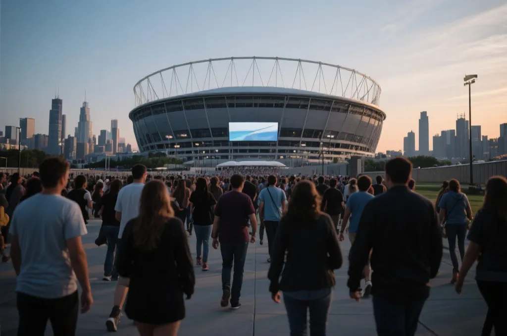 世界杯比赛日球场外的人群与城市夜色氛围