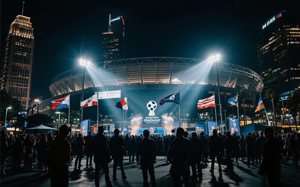 洛杉矶城市夜景与足球决赛氛围：灯光、球迷剪影、体育场外广场
